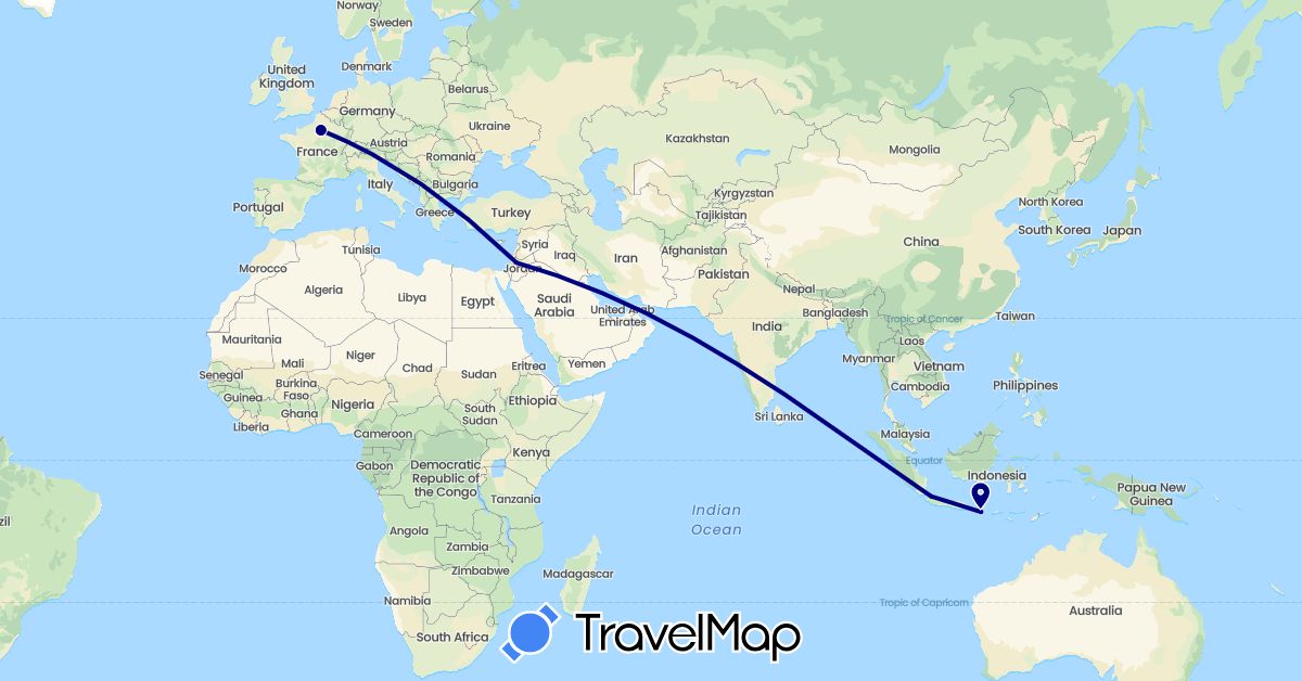 TravelMap itinerary: driving in France, Indonesia, Jordan (Asia, Europe)